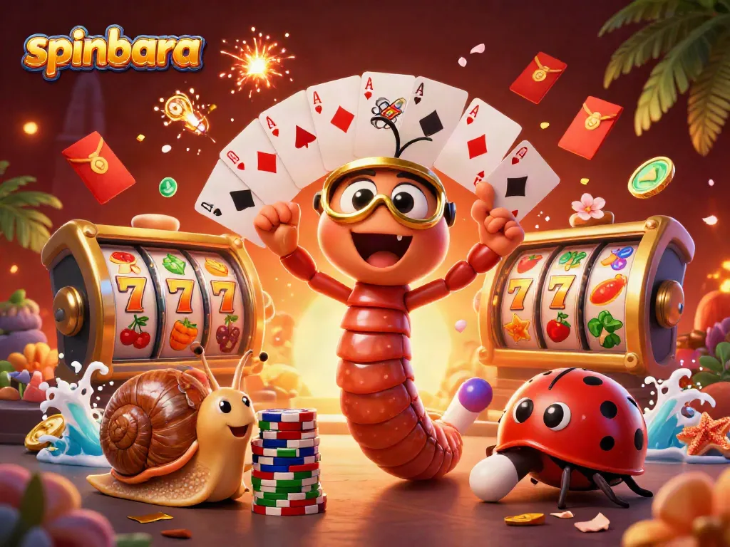 Experience the excitement of spinbara with a vibrant, animated casino scene featuring a millipede dealer and lucky symbols.