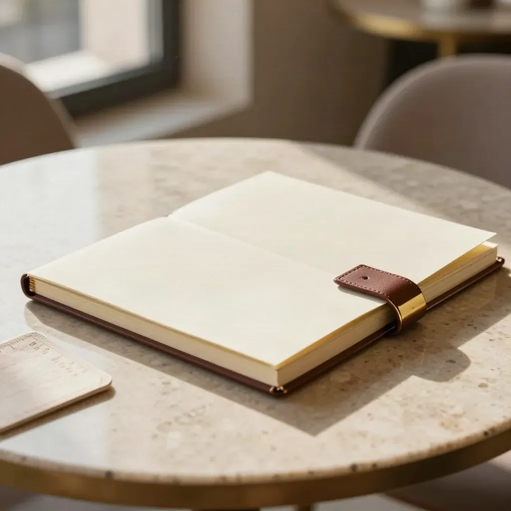 Folio de plan puente, libreta y pinza sobre mesa de travertino en un lounge madrileño.