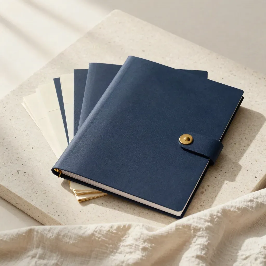 Agenda comercial abierta con tarjetas crema y marcapáginas de latón sobre lino y travertino.
