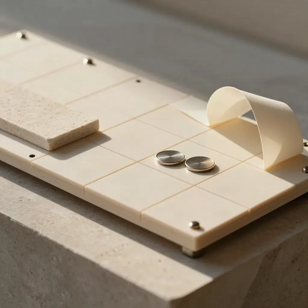 Tablero modular marfil con fichas metálicas y tira plegada sobre bloque de piedra clara.