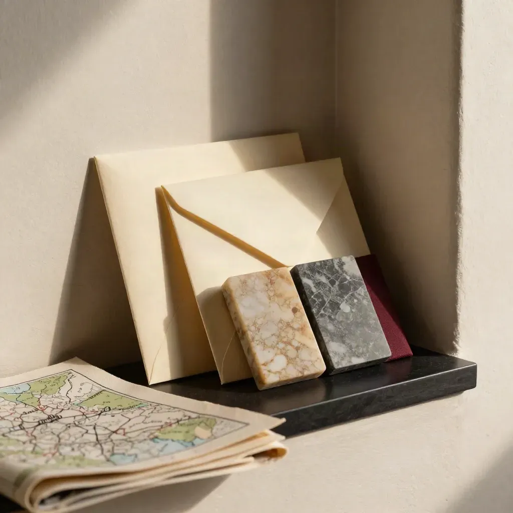 Folio de consultoría con tarjetas, sobre sellado y muestras de piedra en un nicho cálido.