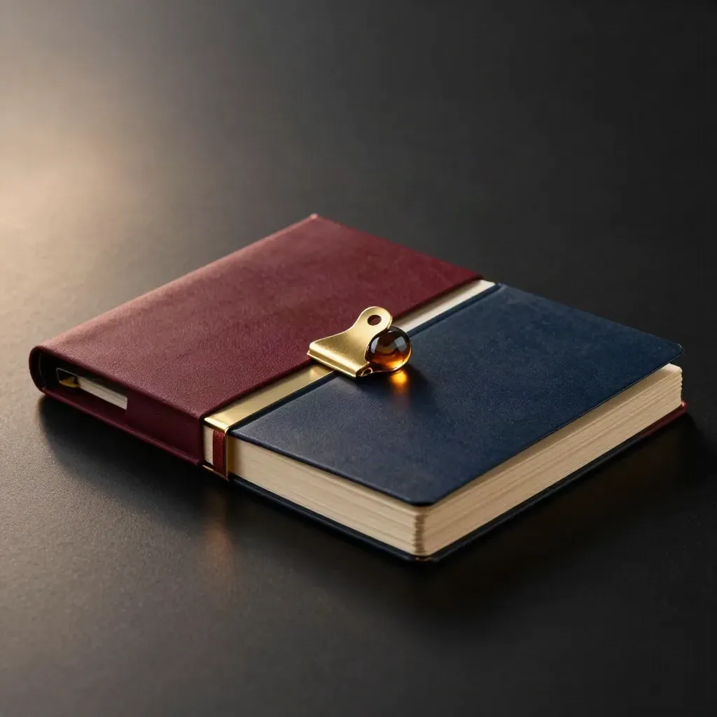 Bundle de consultoría con carpeta, libreta, clip y peso de vidrio en estudio oscuro.