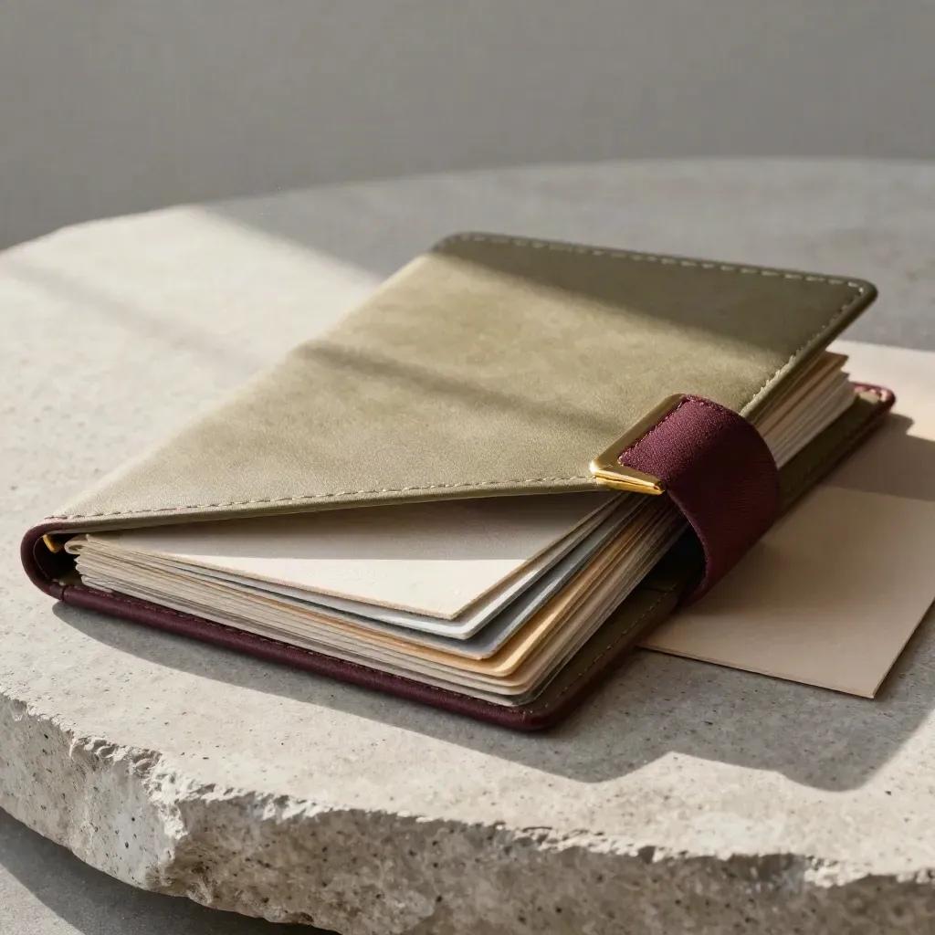 Kit de proveedores con carpeta, muestras claras y pestañas neutras sobre yeso y latón.