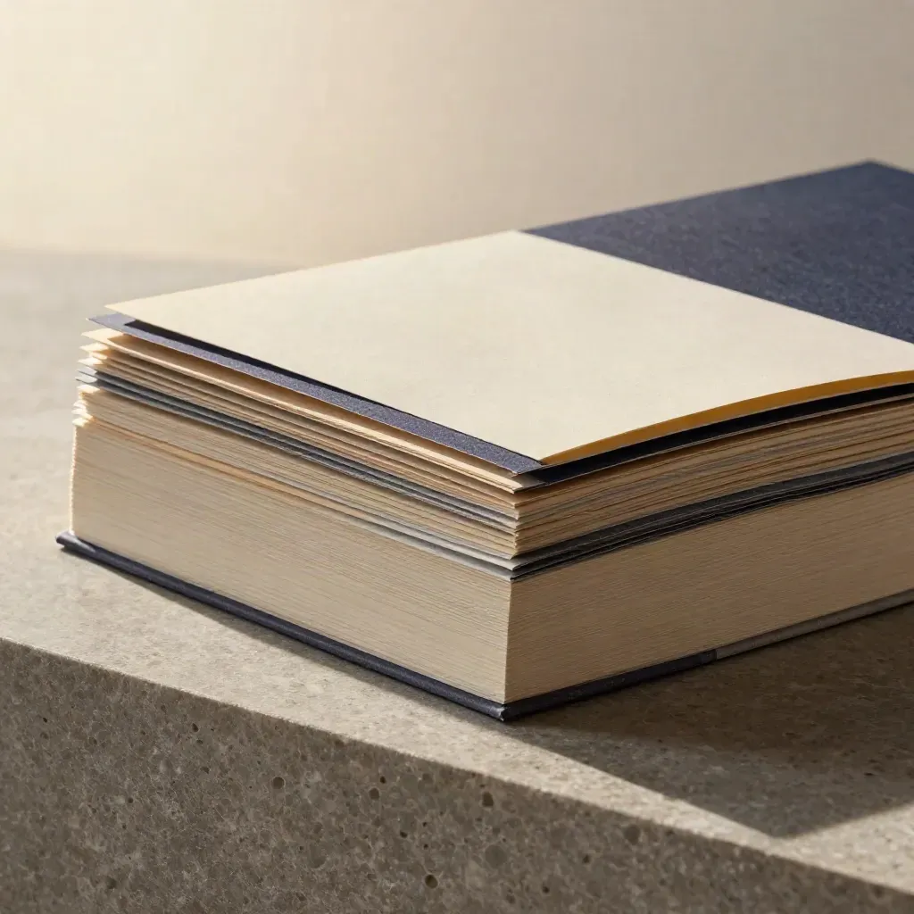 Folio de informe de mercado con muestras de papel y piedra sobre una losa de piedra.