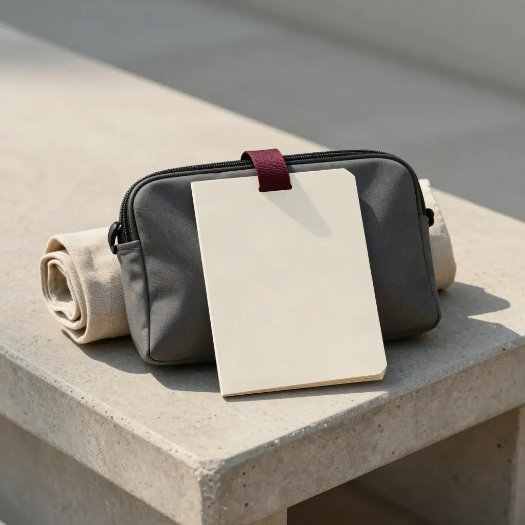 Kit de apoyo de viajes con funda, lino doblado y cordón burdeos sobre piedra clara.