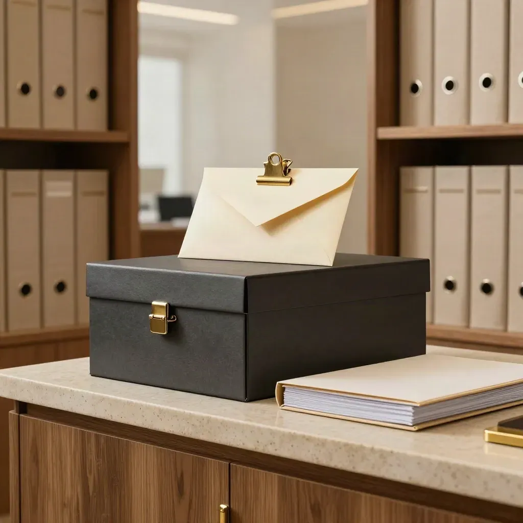 Caja de archivo cerrada con sobre sellado y dossier plegado en un entorno elegante.