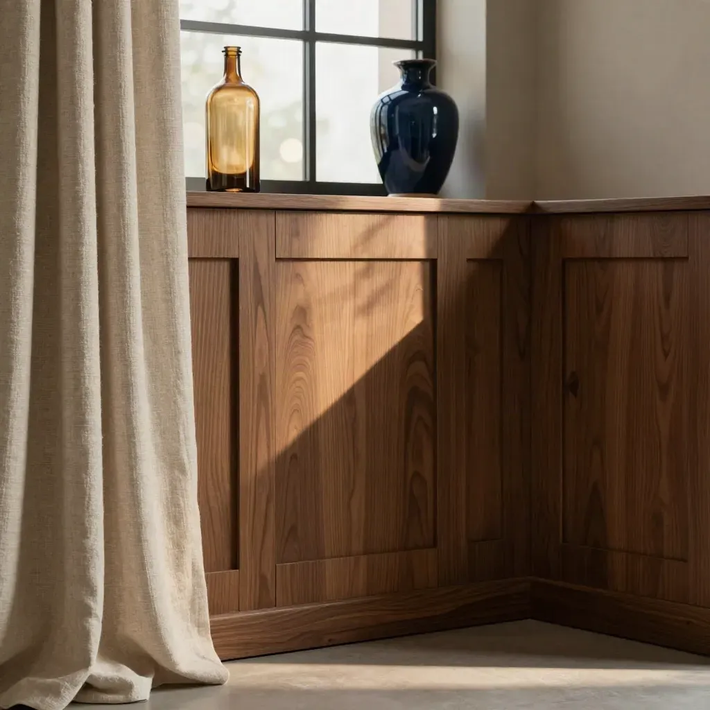 Rincón interior de madera de nogal con lino, vidrio desenfocado y luz de ventana, fondo sobrio.