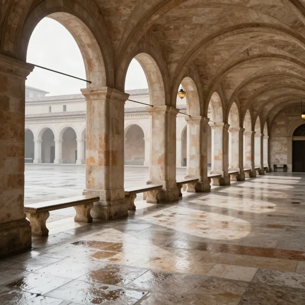 Arquería de piedra y plaza abierta con luz tras la lluvia