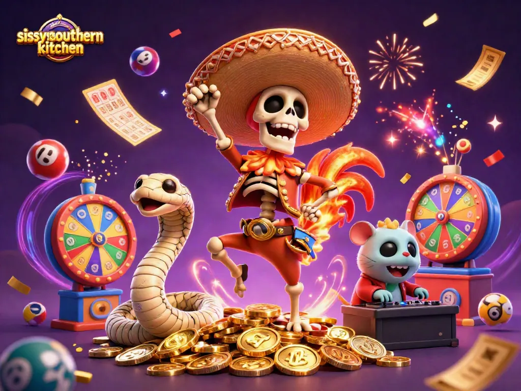 Sissyssouthernkitchen features a vibrant casino scene with a jubilant skeleton rooster celebrating among dynamic game elements.